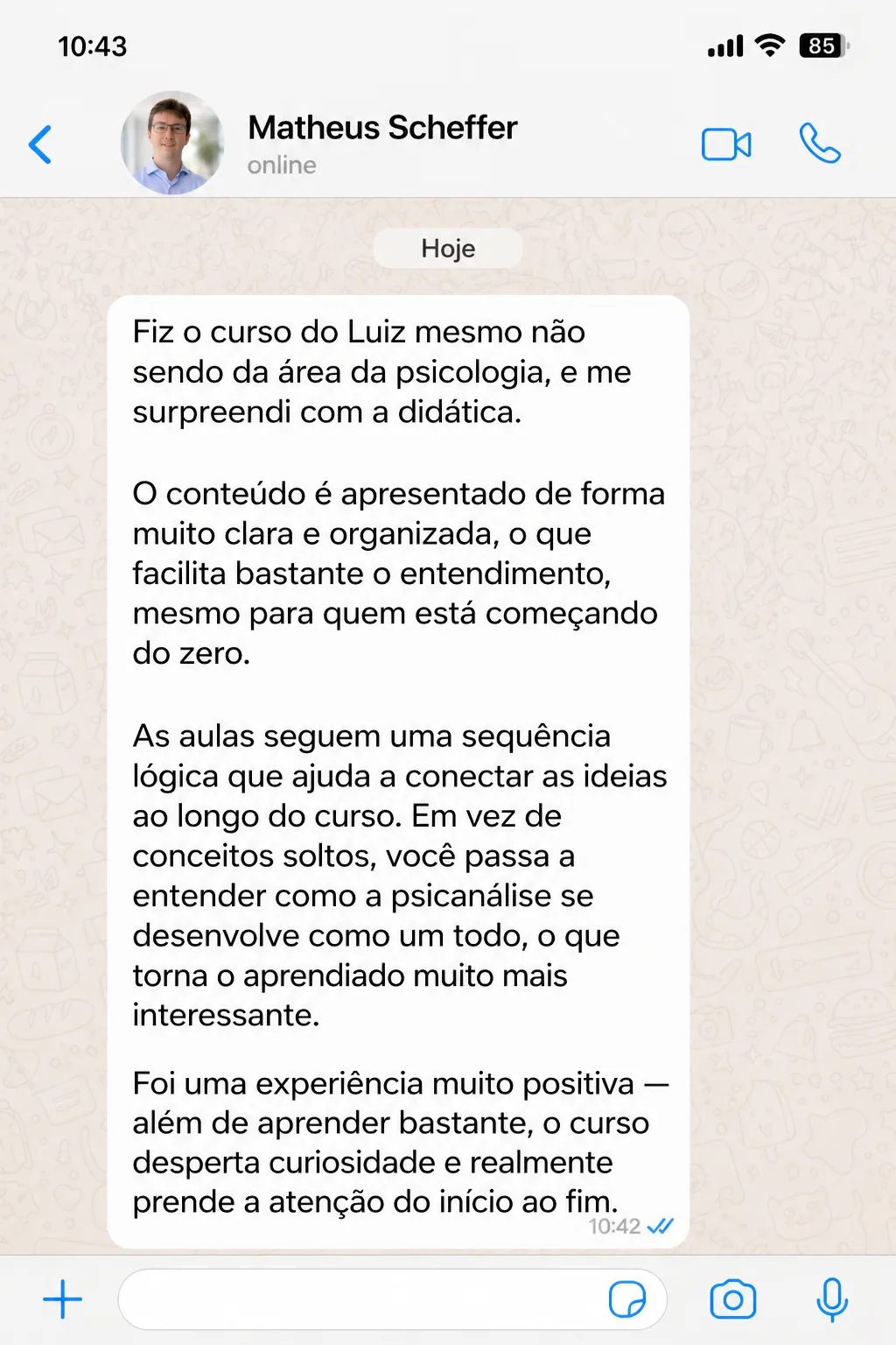 Depoimento de aluno via WhatsApp