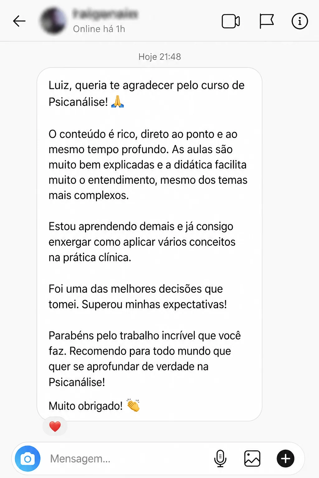 Depoimento de aluno via Instagram