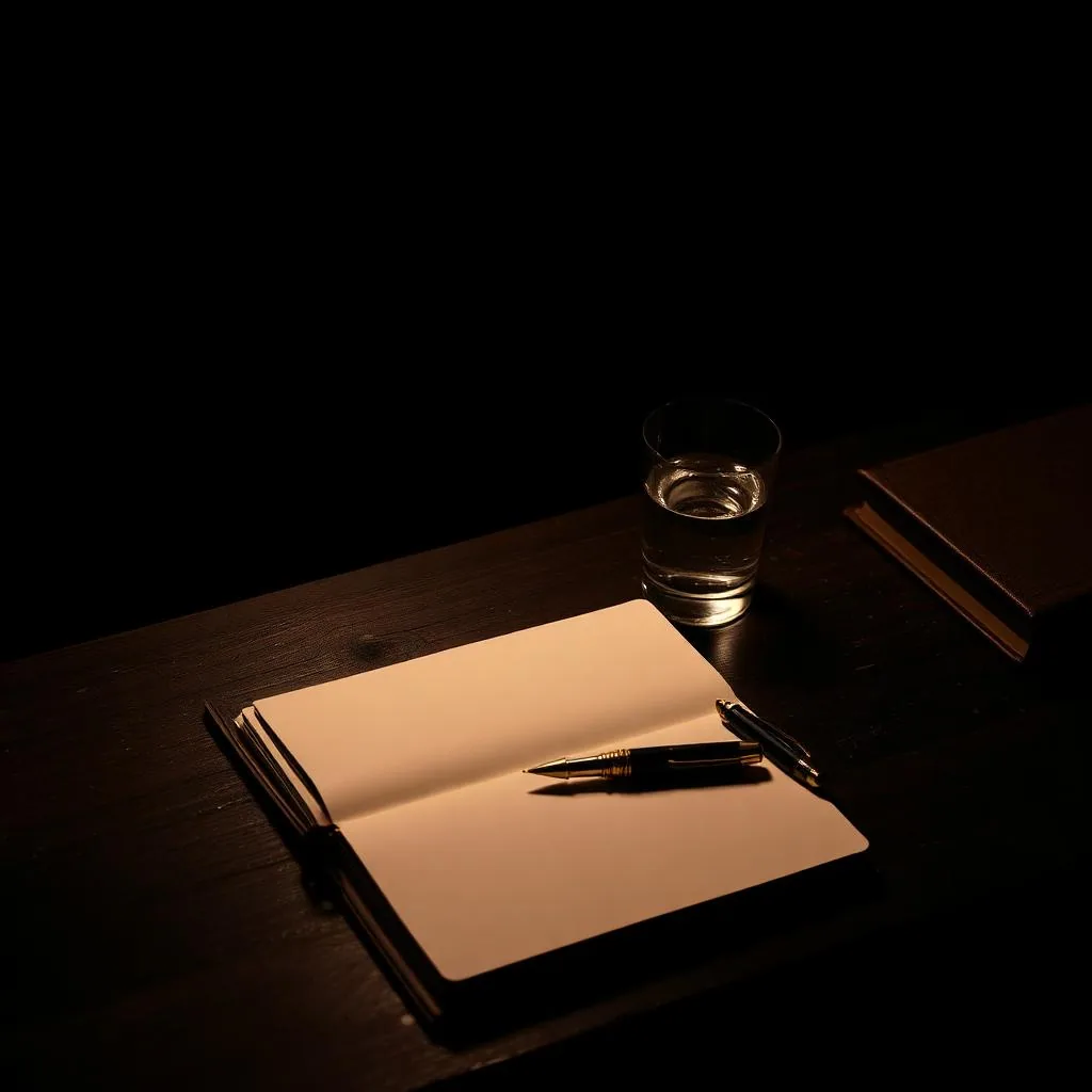 Mesa de estudo com caderno aberto sob luz quente, evocando reflexão