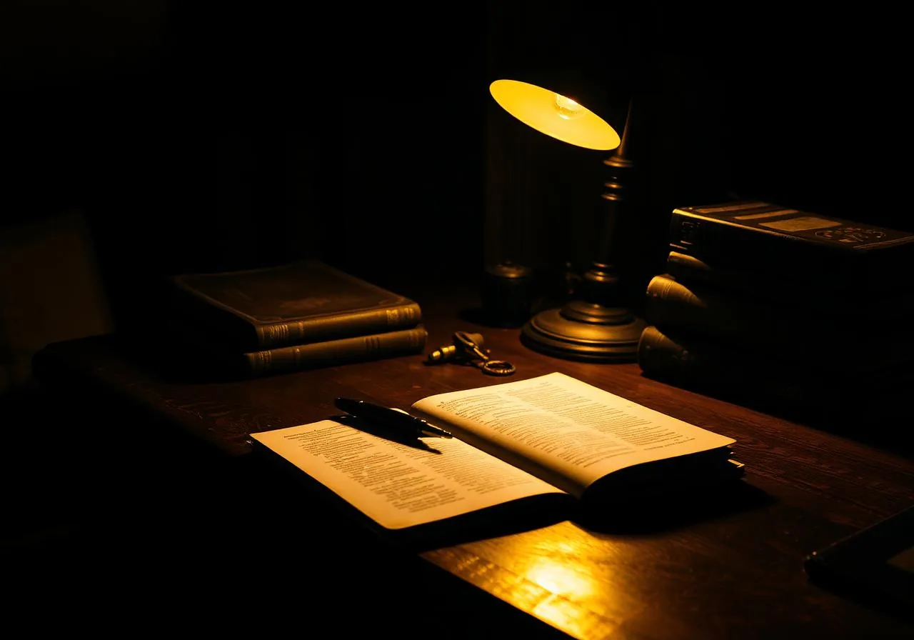 Mesa de estudo iluminada por uma luminária quente, com livros e caderno aberto